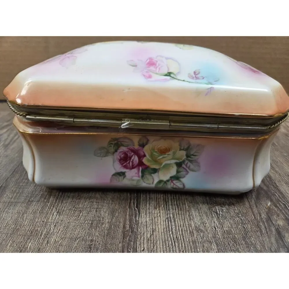 Antique RS Prussian Porcelain Large Table Top Hinged Lidded Trinket Box Roses